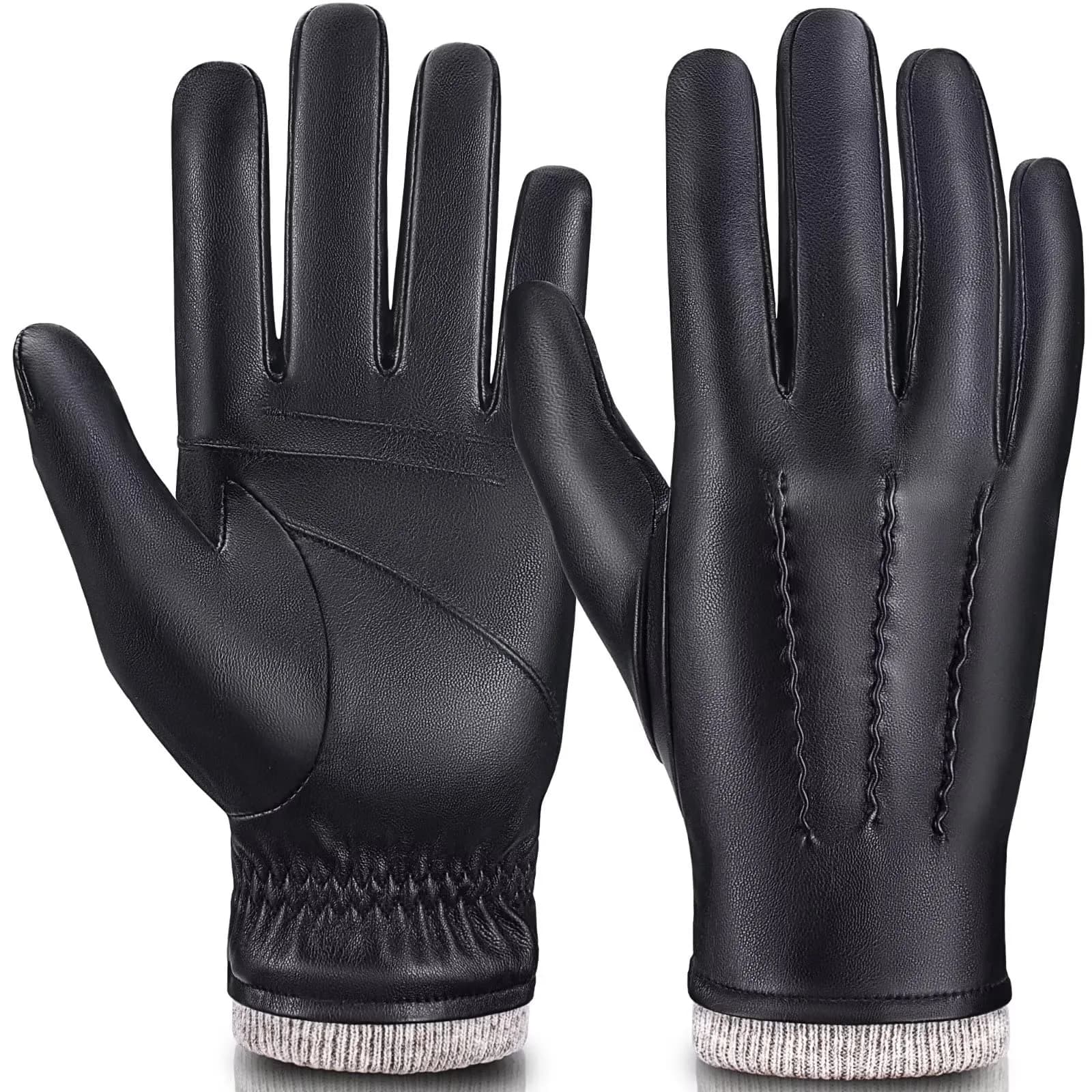 MAGILINK Men's Leather Gloves Touchscreen Texting L (Black) | Warm Thermal Wool Fleece Lined - main product image