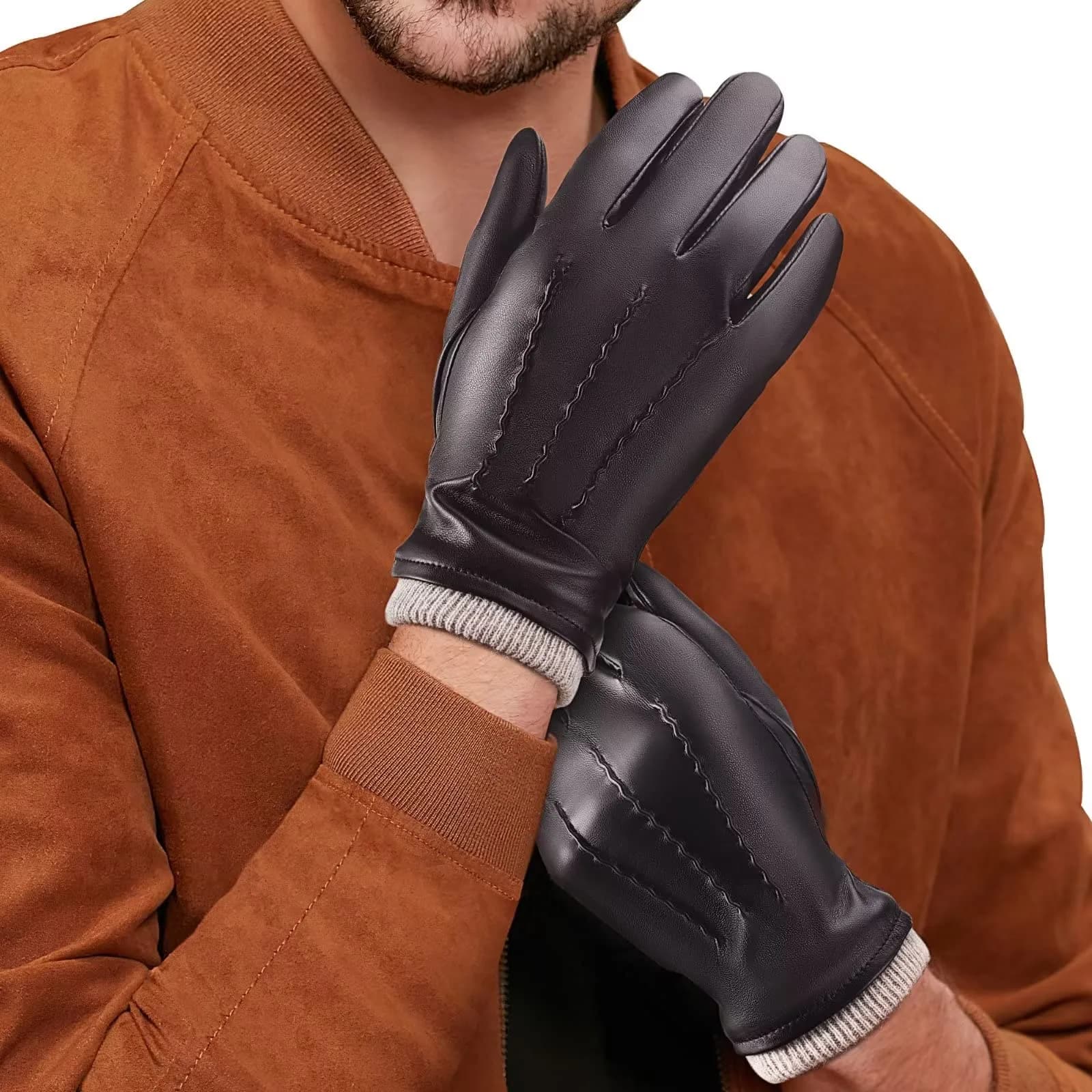 MAGILINK Men's Leather Gloves Touchscreen Texting L (Black) | Warm Thermal Wool Fleece Lined - view 6