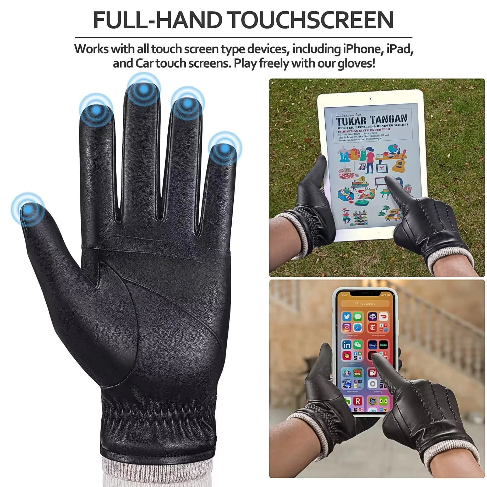 MAGILINK Men's Leather Gloves Touchscreen Texting L (Black) | Warm Thermal Wool Fleece Lined - view 3