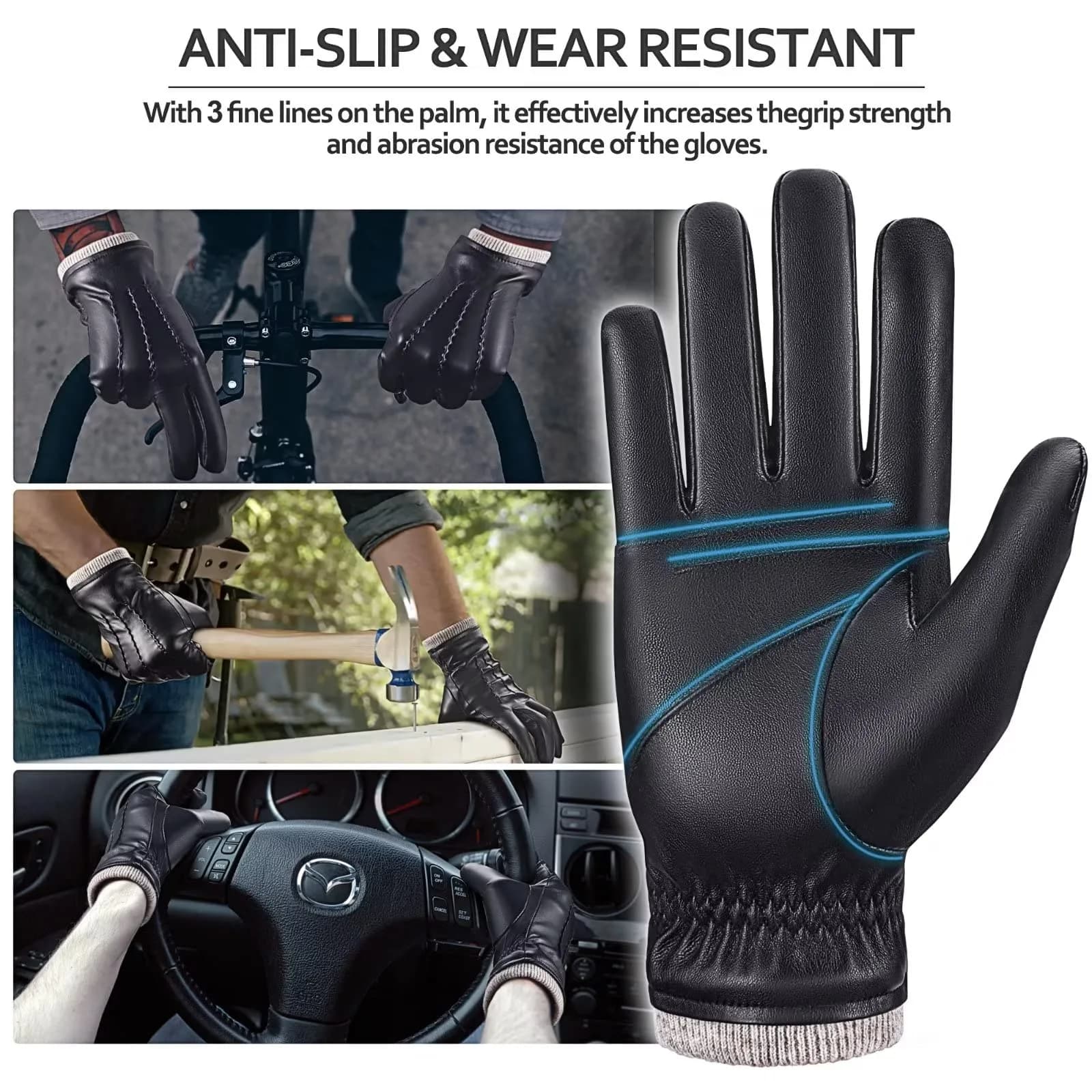 MAGILINK Men's Leather Gloves Touchscreen Texting L (Black) | Warm Thermal Wool Fleece Lined - view 4