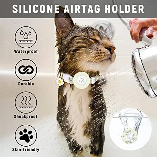 JXFUKAL Breakaway Cat Collar with AirTag Holder, Bells & Flower Charm, Luminous Green, 18-30 cm (7.1-11.8 in) thumbnail 6