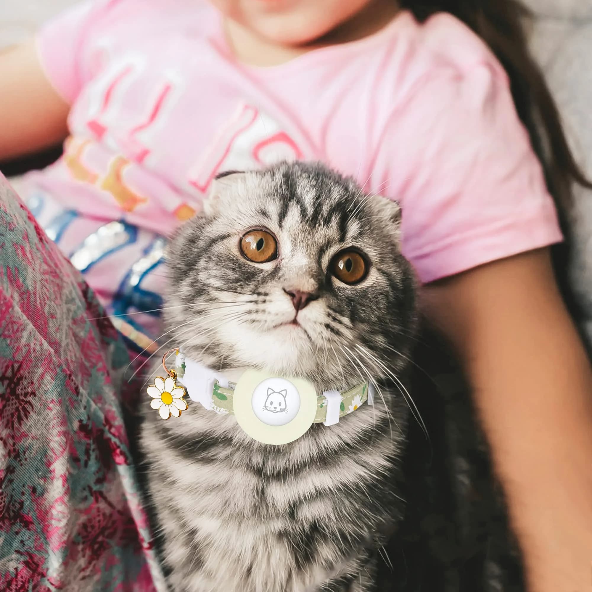 JXFUKAL Breakaway Cat Collar with AirTag Holder, Bells & Flower Charm, Luminous Green, 18-30 cm (7.1-11.8 in) - view 7