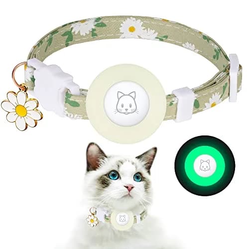 JXFUKAL Breakaway Cat Collar with AirTag Holder, Bells & Flower Charm, Luminous Green, 18-30 cm (7.1-11.8 in) thumbnail 1