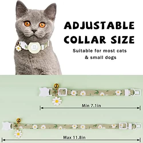 JXFUKAL Breakaway Cat Collar with AirTag Holder, Bells & Flower Charm, Luminous Green, 18-30 cm (7.1-11.8 in) thumbnail 2