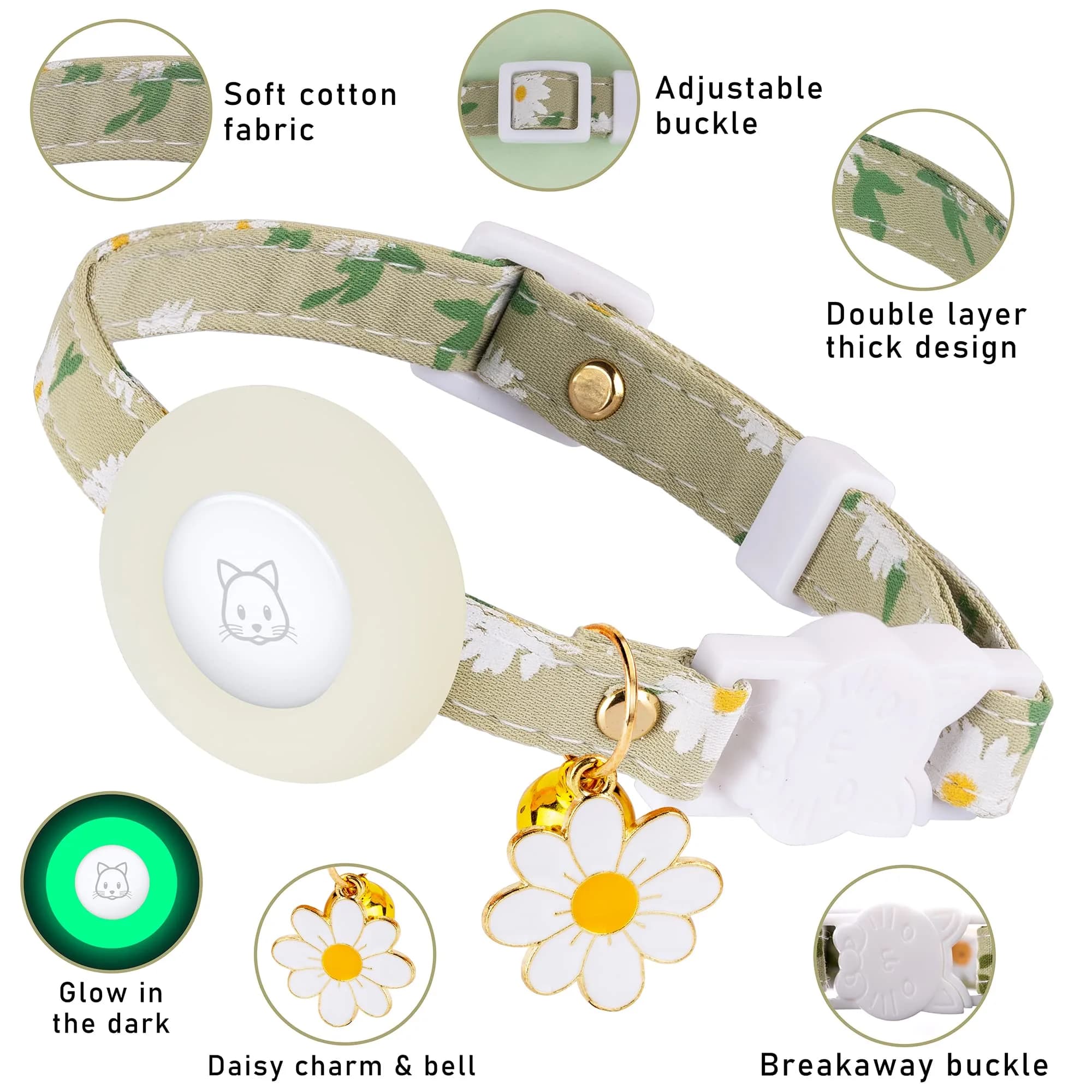 JXFUKAL Breakaway Cat Collar with AirTag Holder, Bells & Flower Charm, Luminous Green, 18-30 cm (7.1-11.8 in) - view 3