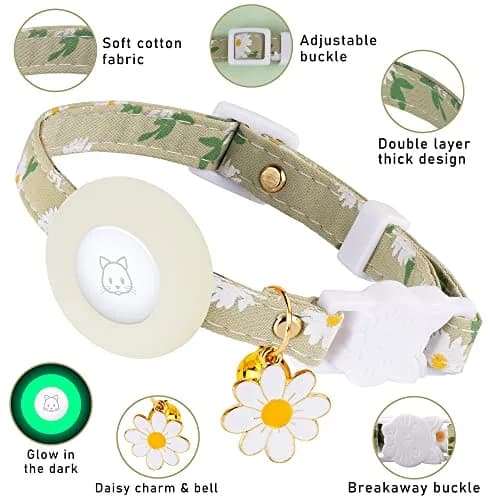 JXFUKAL Breakaway Cat Collar with AirTag Holder, Bells & Flower Charm, Luminous Green, 18-30 cm (7.1-11.8 in) thumbnail 3