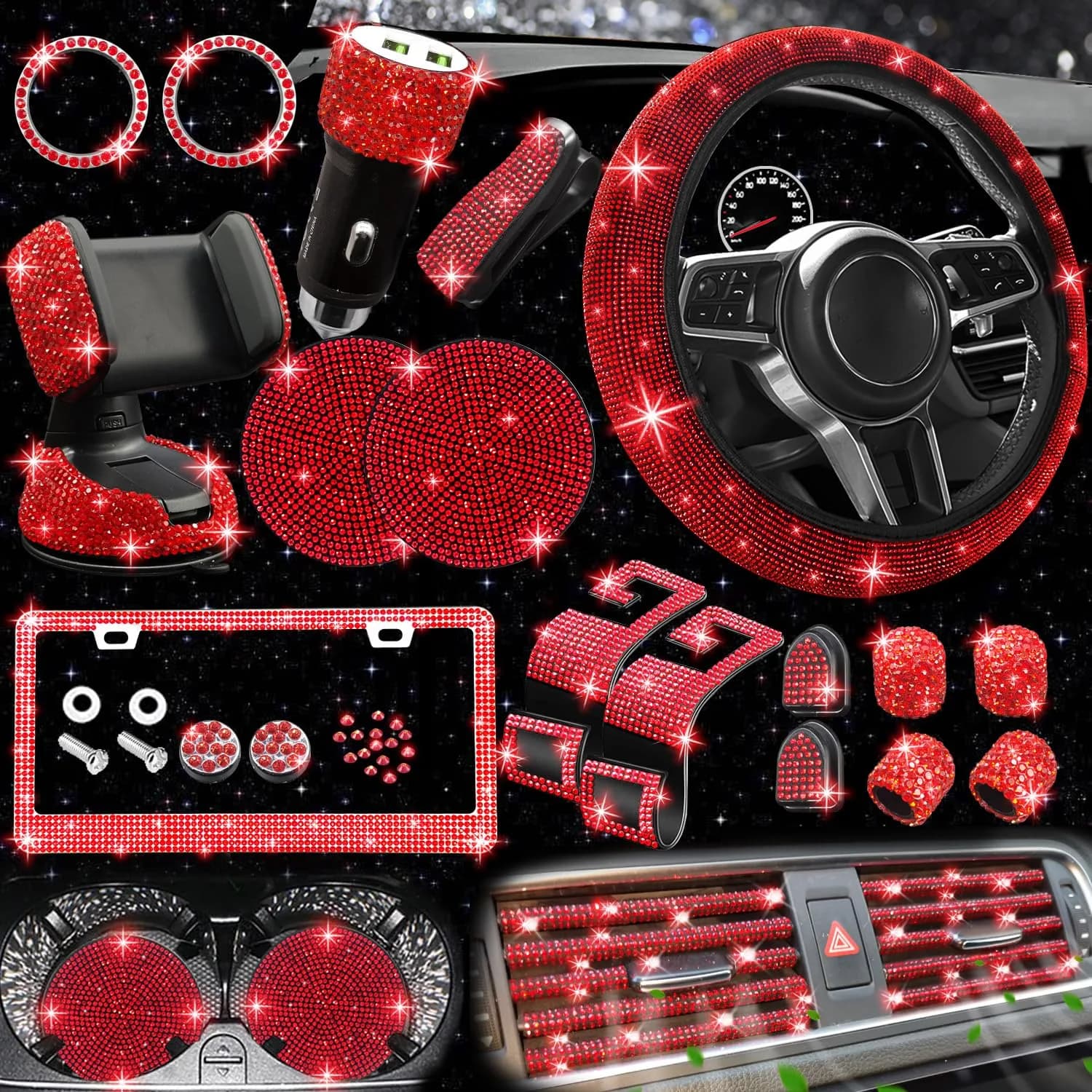 NBTEPEM 27 pcs Bling Car Accessories Set for Women, Silver Diamond | Universal Fit, Luxury Rhinestones, Easy Install — Red Diamond