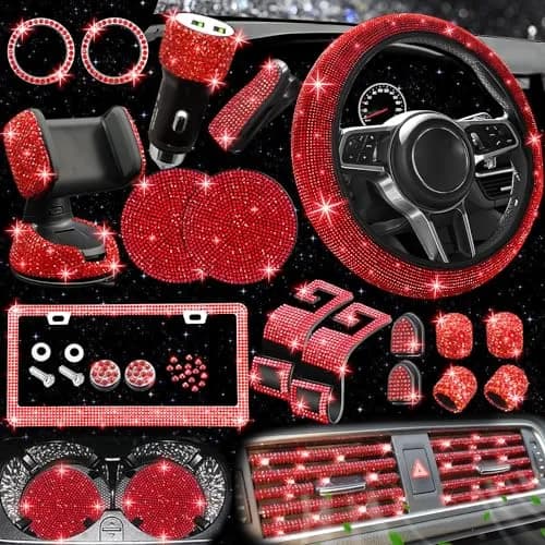NBTEPEM 27 pcs Red Bling Car Accessories Set for Women | Universal Fit 15 Inch | Sparkling Rhinestone Decor thumbnail 1