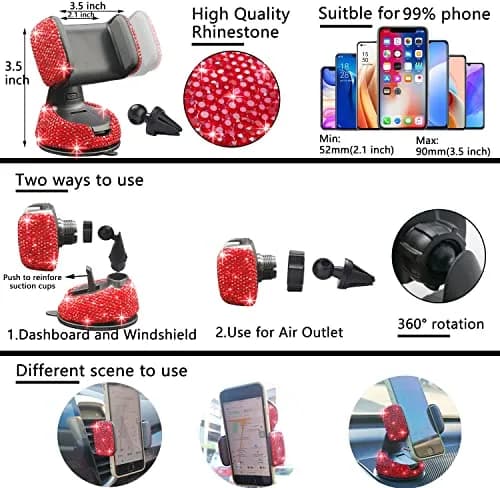 NBTEPEM 27 pcs Red Bling Car Accessories Set for Women | Universal Fit 15 Inch | Sparkling Rhinestone Decor thumbnail 5