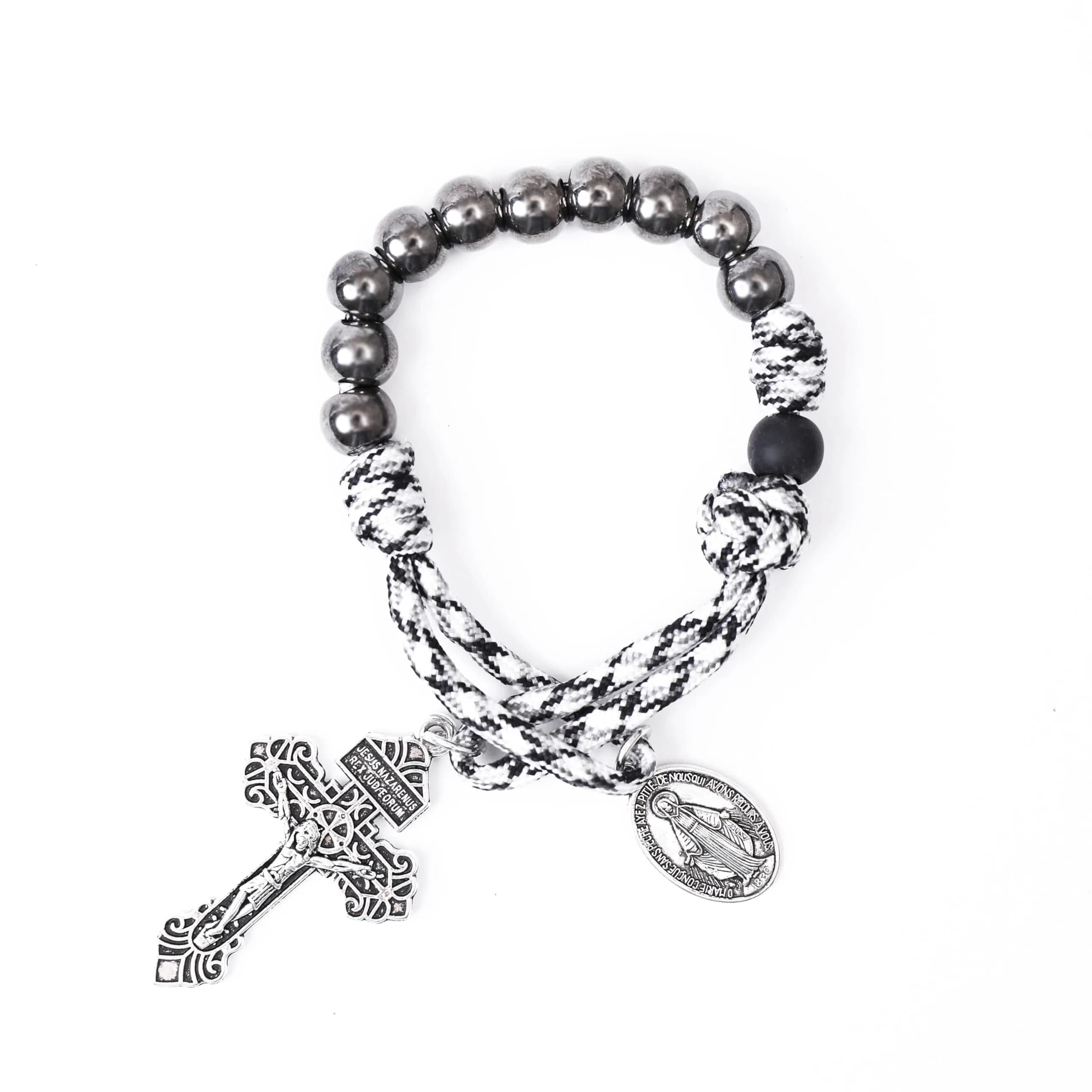 Nazareth Store One Decade Paracord Rosary 28.5cm (11.22") with St. Benedict Medal & Cross | Pocket Travel Rosary — Black White Beads / Miraculous Medal
