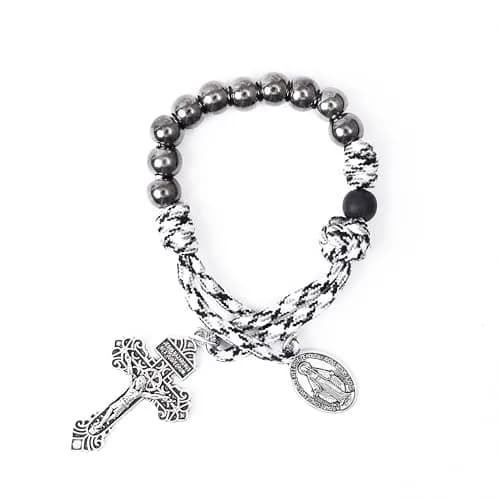 Nazareth Store Black & White Paracord Rosary 28.5cm (11.22") with Miraculous Medal & Jesus Crucifix | Durable Pocket Rosary for Travelers thumbnail 1