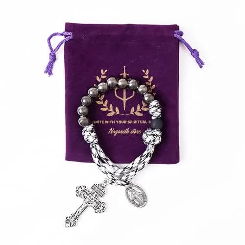 Nazareth Store Black & White Paracord Rosary 28.5cm (11.22") with Miraculous Medal & Jesus Crucifix | Durable Pocket Rosary for Travelers thumbnail 4