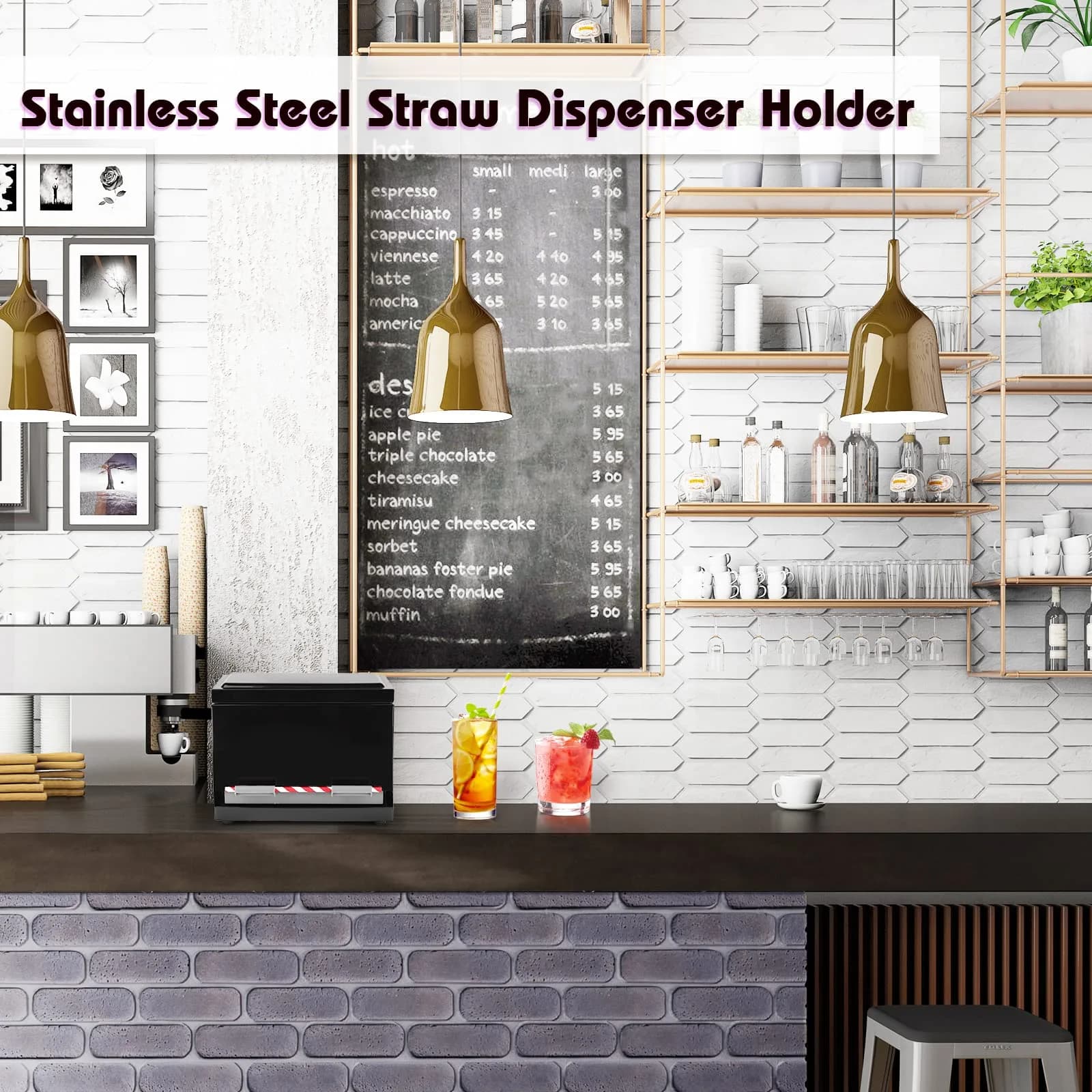 Creproly Stainless Steel Straw Dispenser Holder, Black | Adjustable Aperture for Home & Bar Use (24.1 cm Height) - view 5