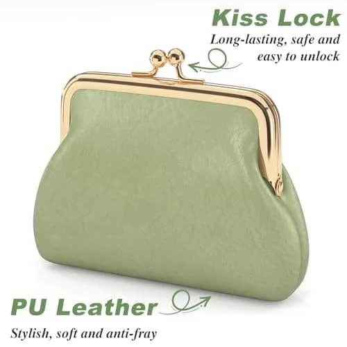 Nipichsha Small PU Leather Coin Purse with Kiss Lock Clasp, 13.5cm (5.3 Inch) | Green thumbnail 4