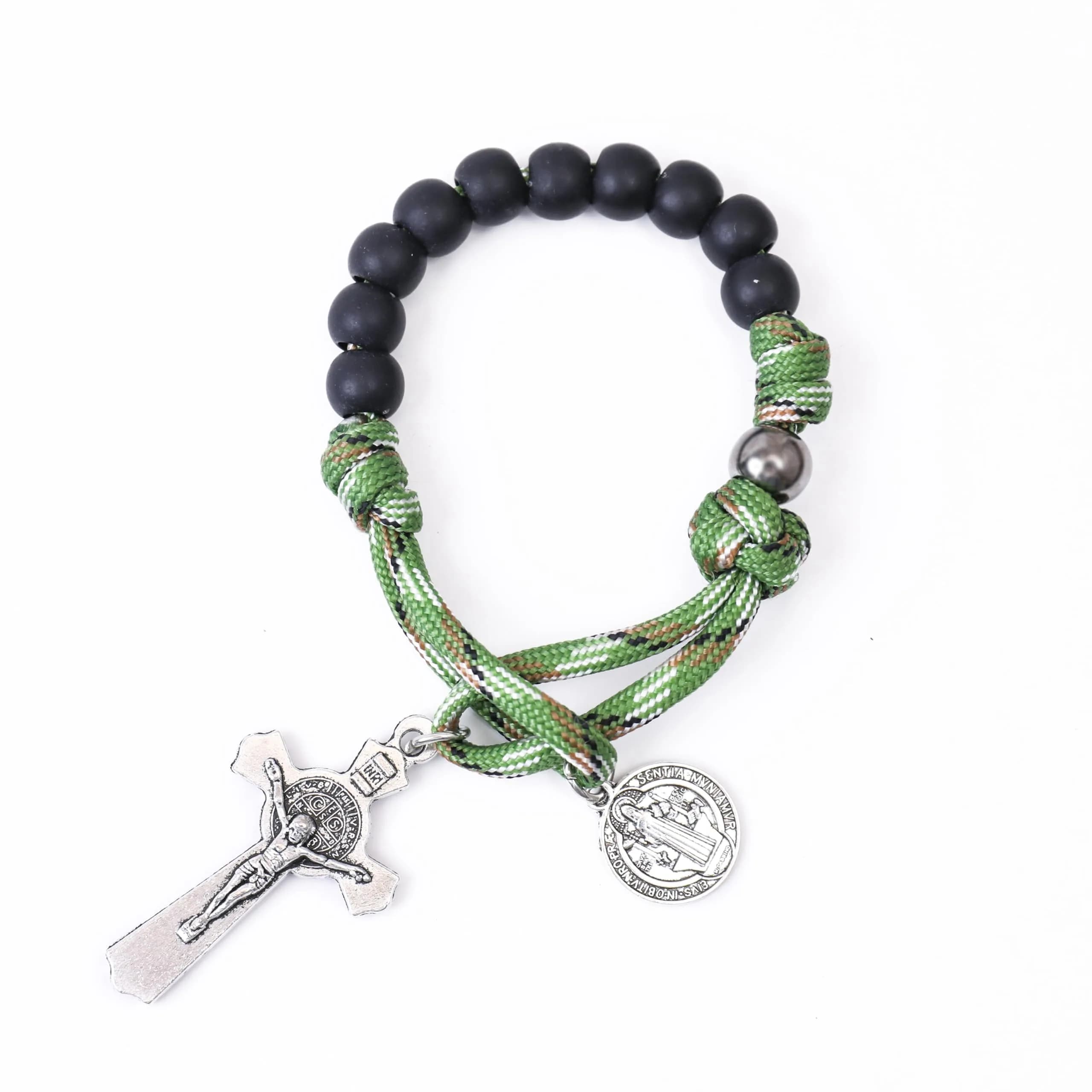 Nazareth Store One Decade Paracord Rosary 28.5cm (11.22") with St. Benedict Medal & Cross | Pocket Travel Rosary — Green Beads / St Benedict Medal