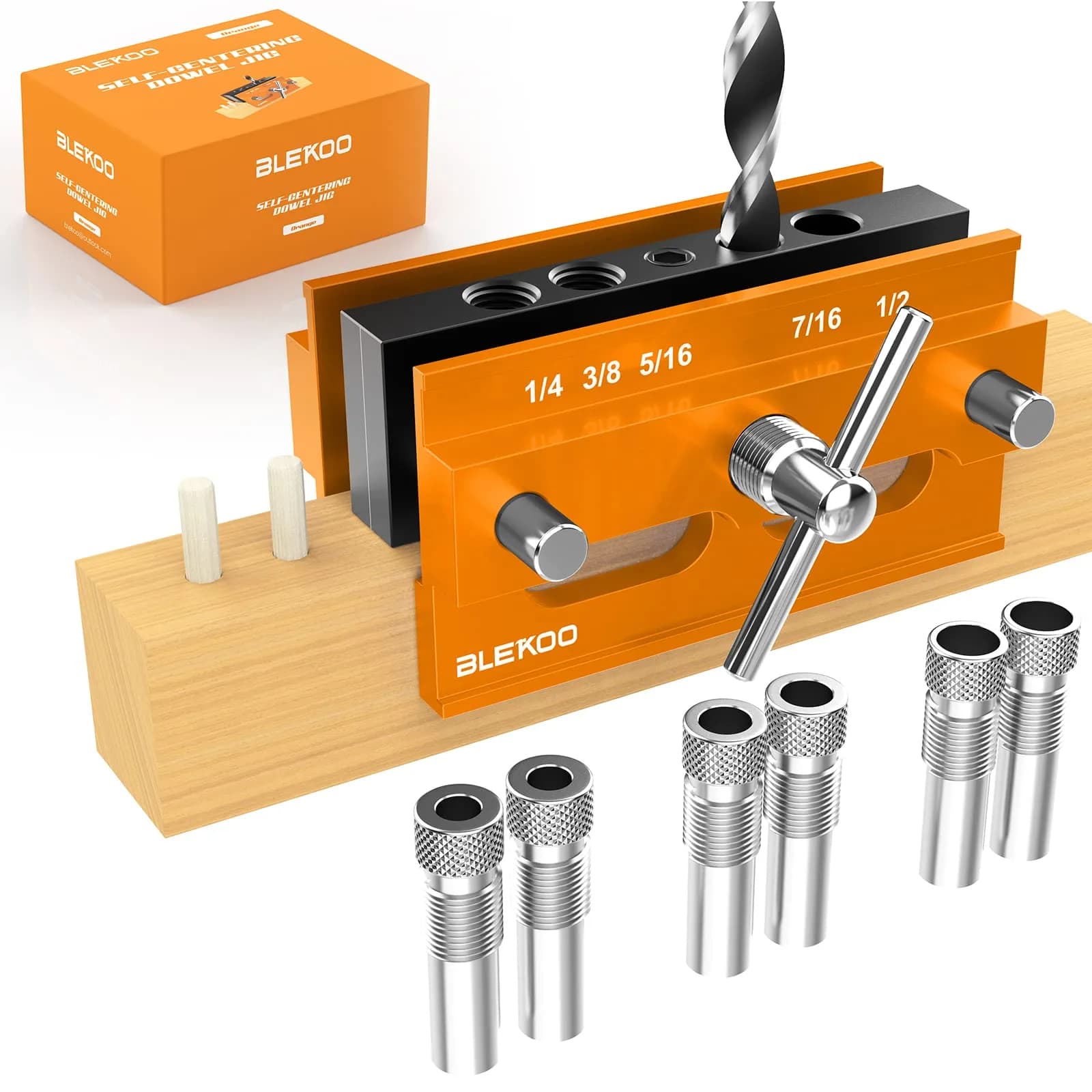 blekoo Self Centering Doweling Jig Kit with 6 Drill Bushings, Adjustable Width Drilling Guide | Aircraft Grade Aluminium Alloy — Gold