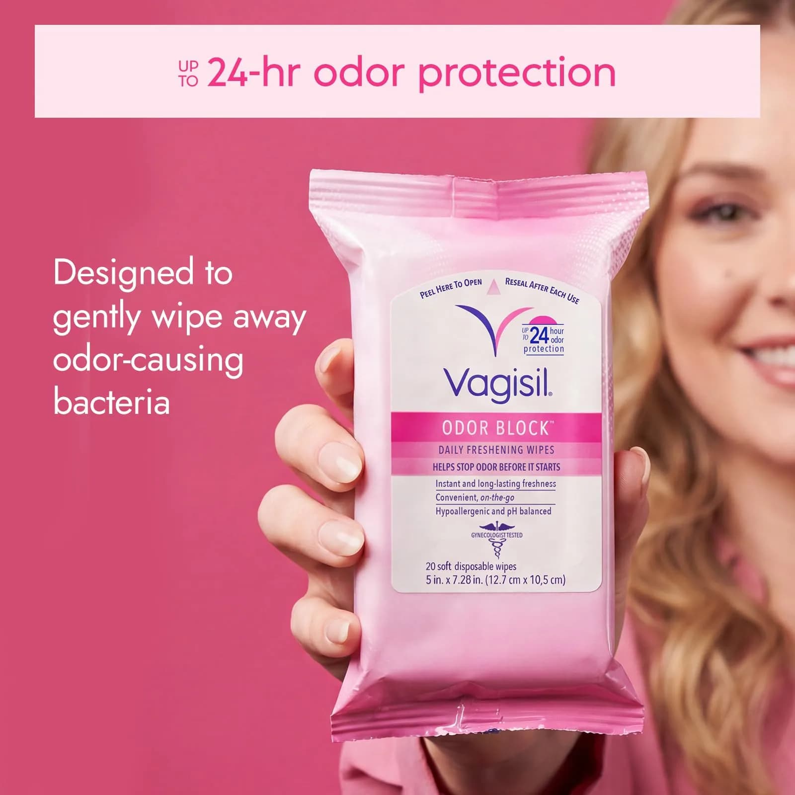 Vagisil Odor Block Daily Freshening Feminine Wipes, 20 Count (Pack of 3) | Up to 24 Hr Odor Protection, Hypoallergenic, Gynecologist Tested thumbnail 2