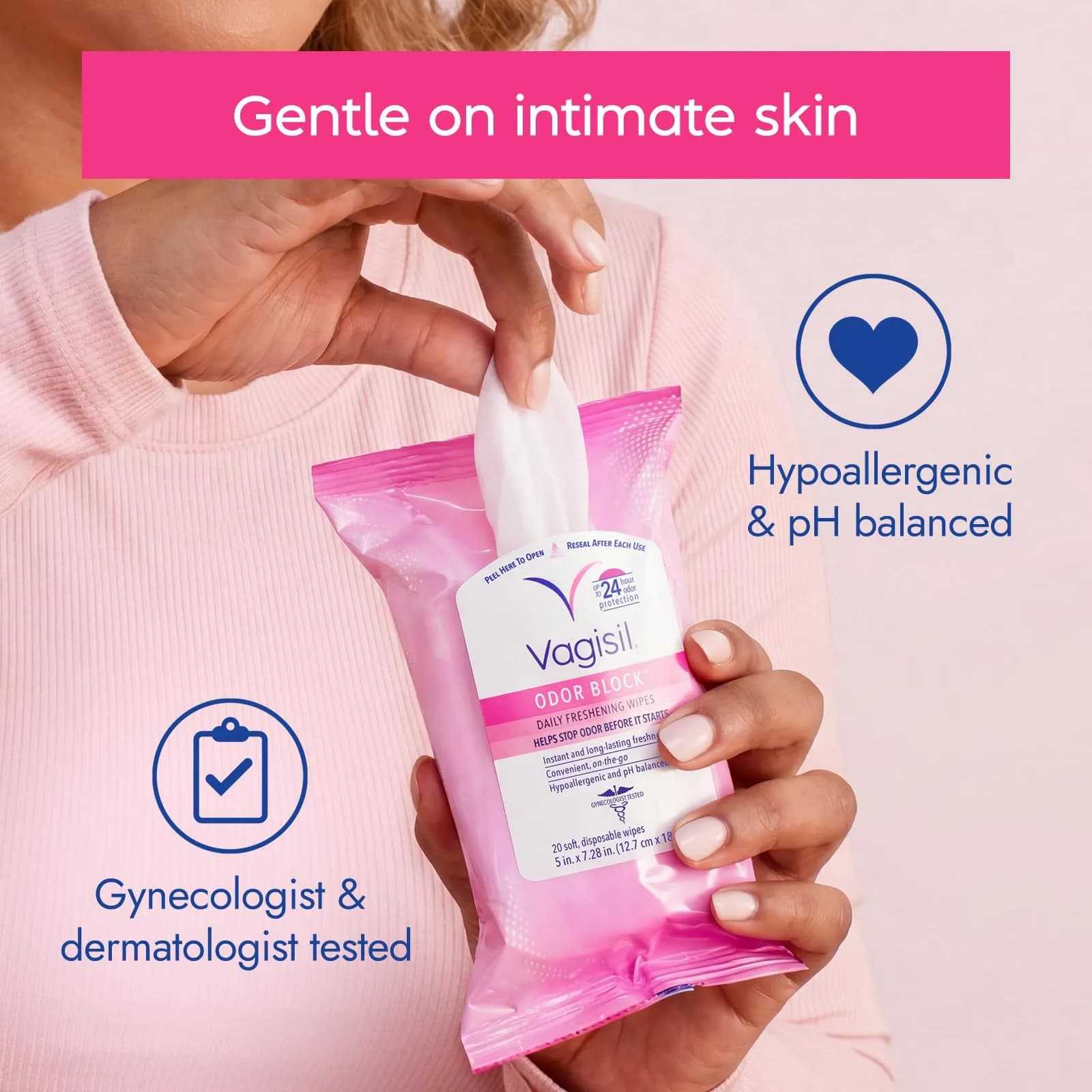Vagisil Odor Block Daily Freshening Feminine Wipes, 20 Count (Pack of 3) | Up to 24 Hr Odor Protection, Hypoallergenic, Gynecologist Tested thumbnail 4
