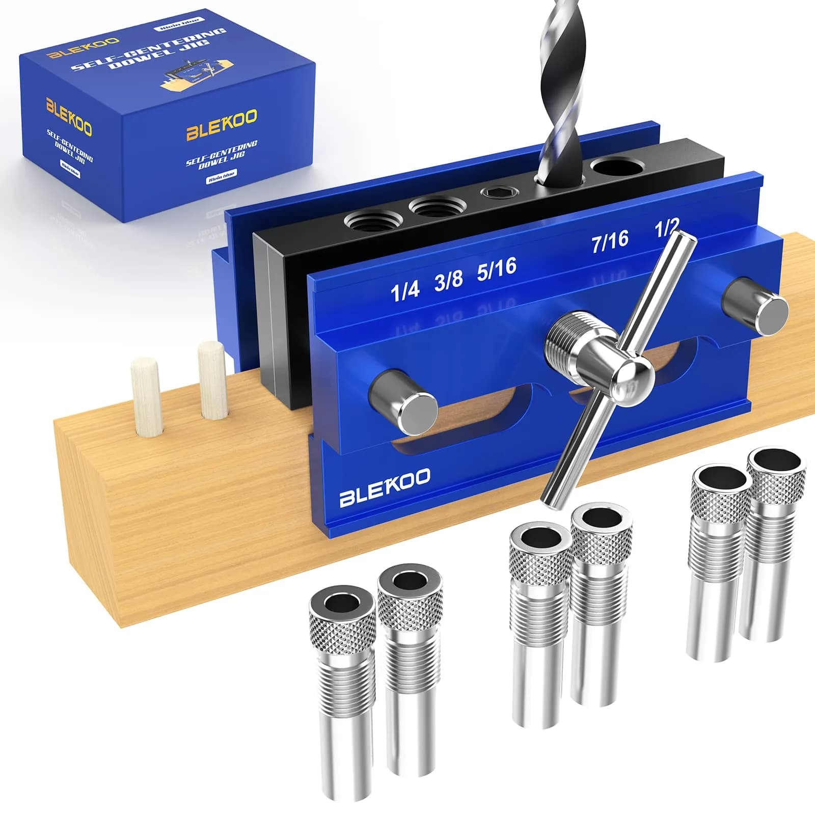 blekoo Self Centering Doweling Jig Kit with 6 Drill Guide Bushings, Blue | Precision Woodworking Tool for Straight Holes — Blue