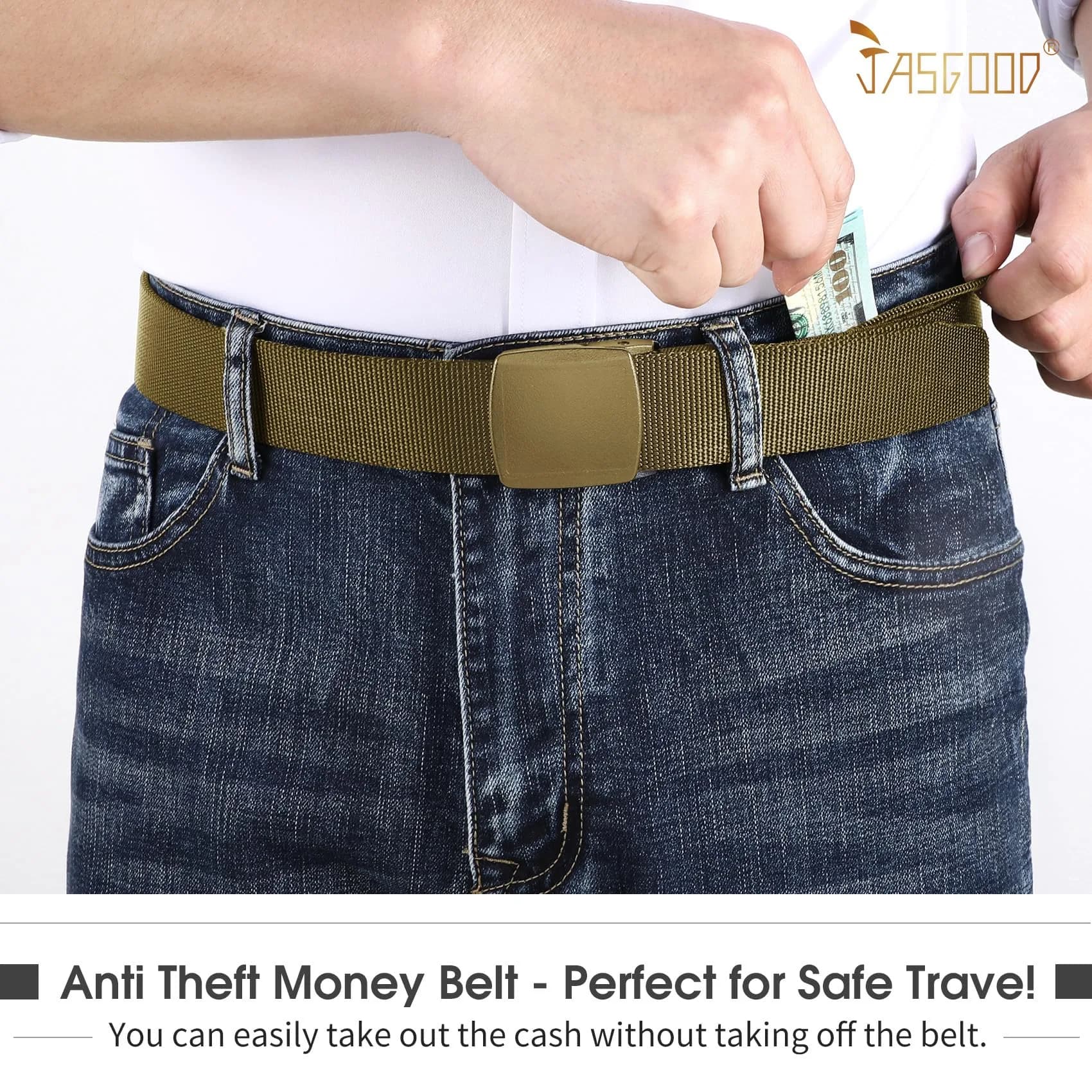 JASGOOD Brown Travel Security Money Belt for Pant Sizes 44-50" with Hidden Pocket - view 2