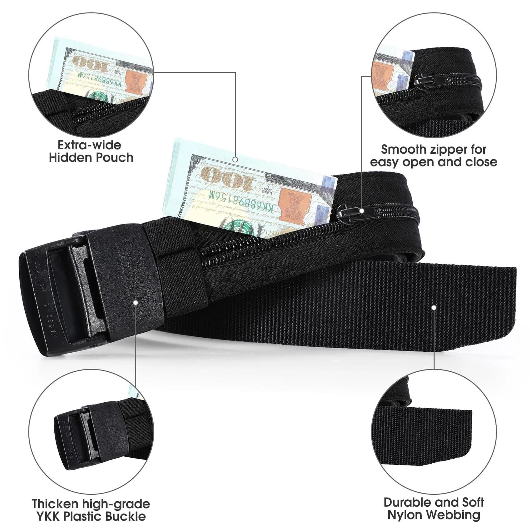 JASGOOD Travel Security Money Belt with Hidden Pocket - Black, 125cm (49.2") | Airport Safe Anti-Theft Wallet - view 2