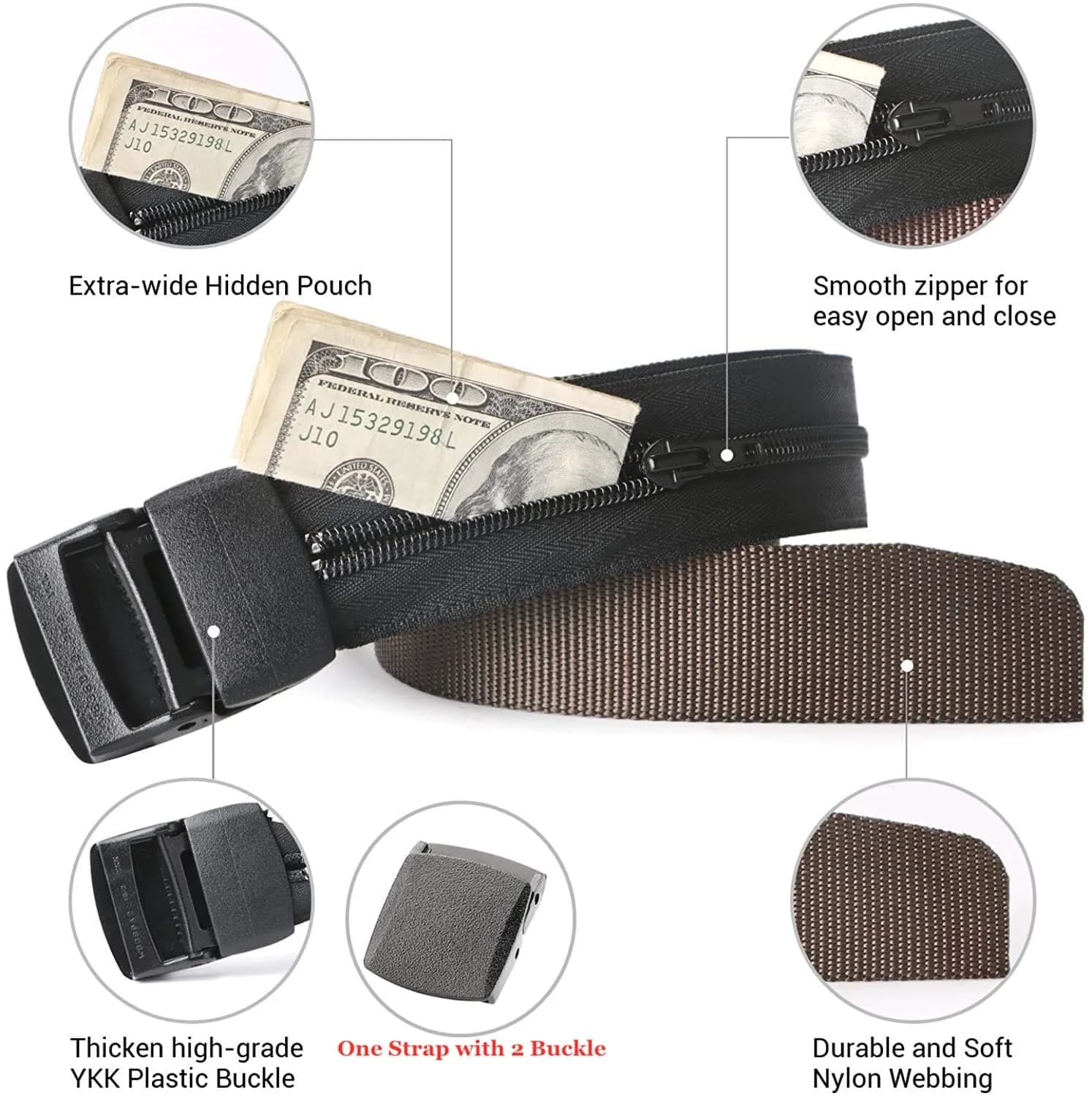 JASGOOD Dark Brown Travel Security Money Belt with Hidden Pocket - Unisex Nylon, Fits Pant Sizes 44-50" - view 2
