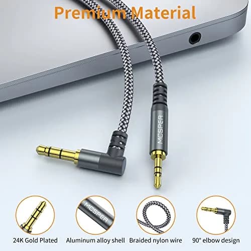 MCSPER 3.5mm to 2.5mm Aux Audio Cable 6.6FT | 90° Right Angle, Gold-Plated, Nylon Braided (6.6 feet, Grey) thumbnail 4