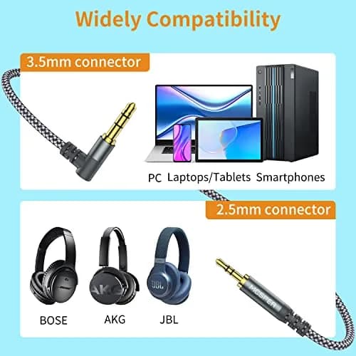 MCSPER 3.5mm to 2.5mm Aux Audio Cable 6.6FT | 90° Right Angle, Gold-Plated, Nylon Braided (6.6 feet, Grey) thumbnail 2