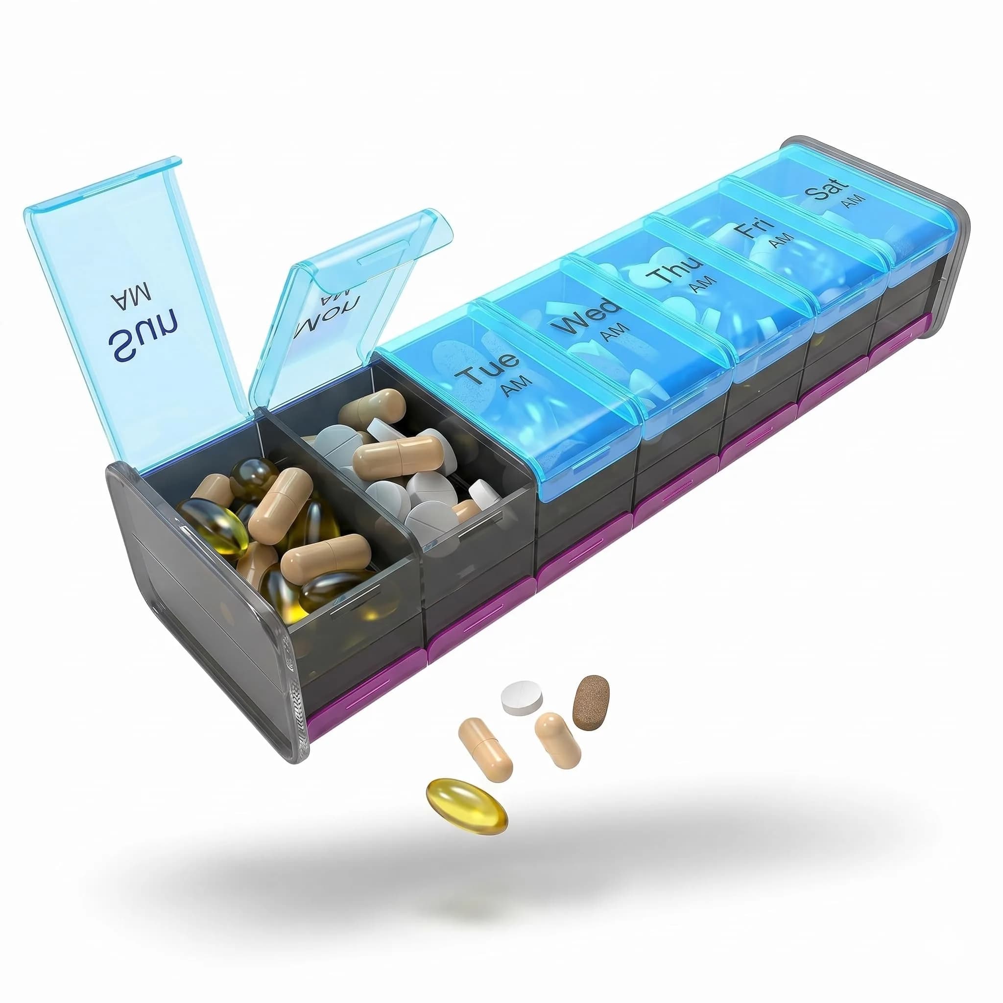 BEXEEN Extra Large Pill Organizer XXL Pill Box 7 Day | 14 Compartments (7 Day/Night) — Blue/Purple