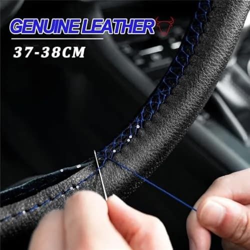 AUTOXBERT Genuine Leather DIY Steering Wheel Cover 38cm (15 Inch) | Blue, Hand-Sewn Wrap with Needles & Thread thumbnail 4