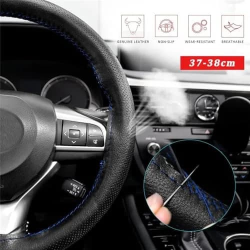 AUTOXBERT Genuine Leather DIY Steering Wheel Cover 38cm (15 Inch) | Blue, Hand-Sewn Wrap with Needles & Thread thumbnail 2