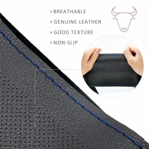 AUTOXBERT Genuine Leather DIY Steering Wheel Cover 38cm (15 Inch) | Blue, Hand-Sewn Wrap with Needles & Thread thumbnail 3