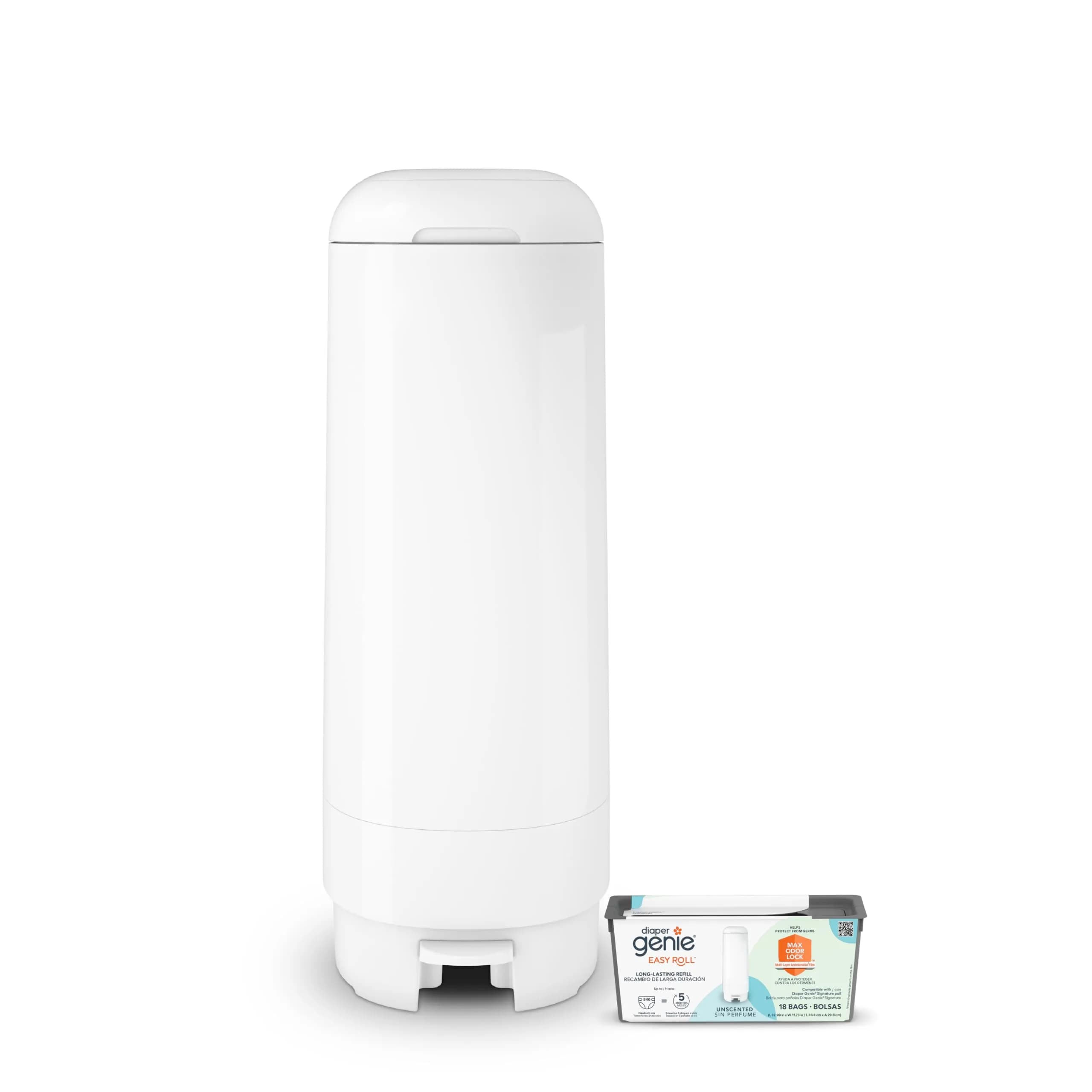 Diaper Genie Signature Diaper Pail with Easy Roll Refill 5L | Odor Lock & Hands-Free Operation — White