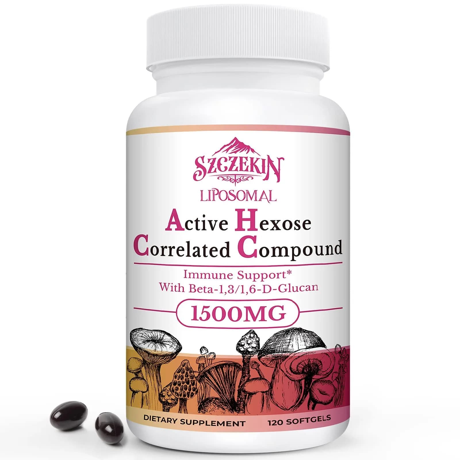 SZCZEKIN 1500mg Liposomal Active Hexose Correlated Supplement 120 Soft Gels | Mushroom & Beta-Glucans Support — Brown