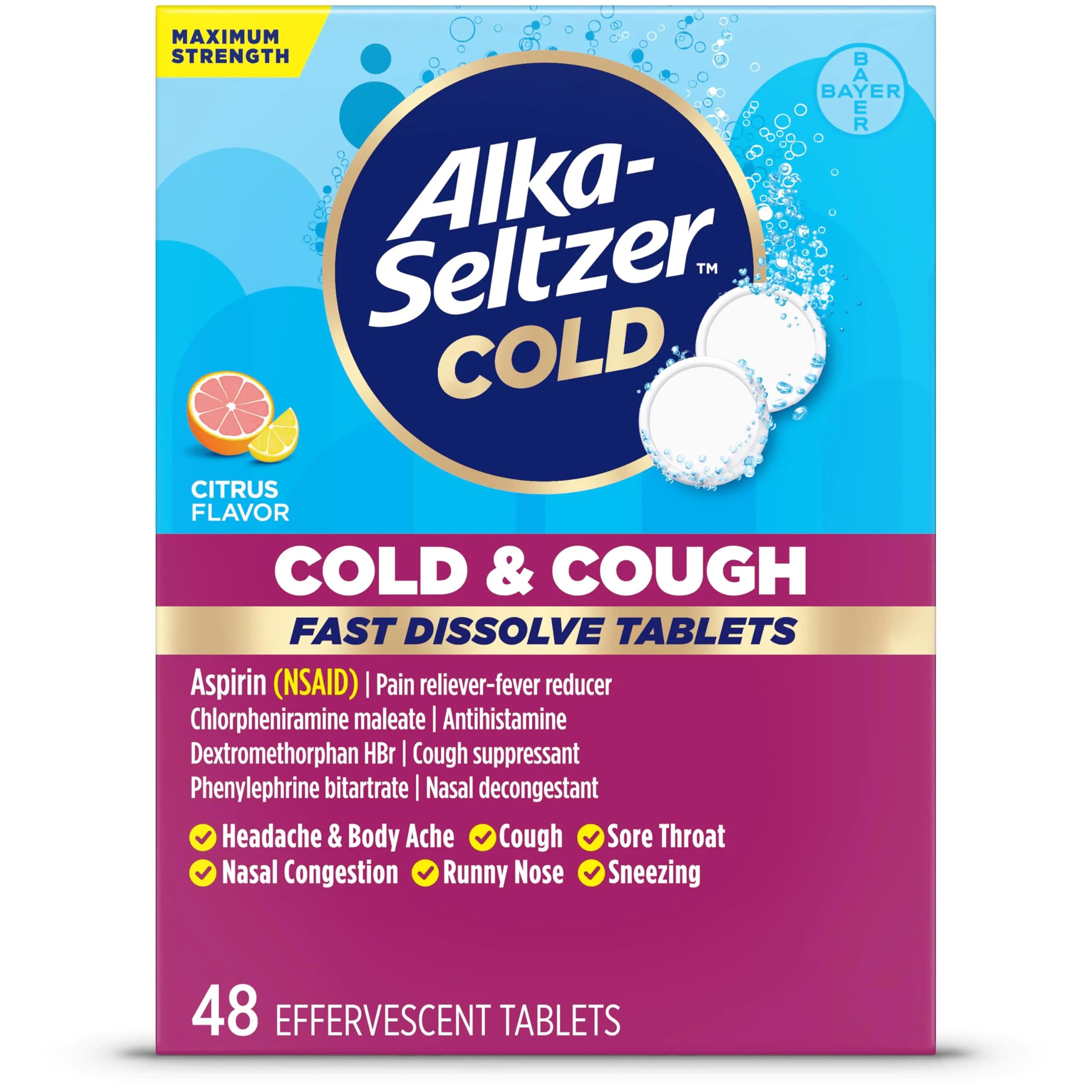 ALKA-SELTZER PLUS Cold & Cough Max Strength Tablets 48 Count | Fast Dissolve Relief for Adults & Children 12+ — Purple
