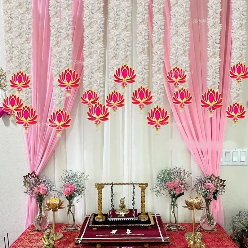 Divyakosh White Lotus Hanging with Jhumki, 10 Pcs Artificial Flowers | Floral Wall Hangings for Home & Festivals (76 cm / 30 Inch Each) - view 2