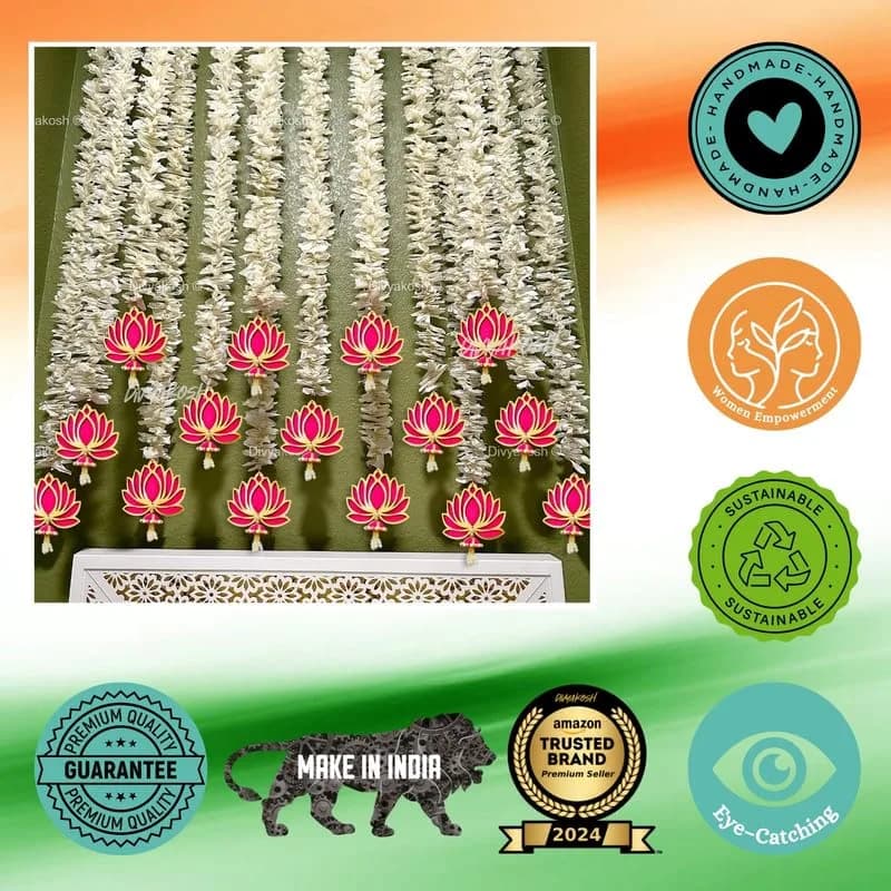 Divyakosh White Lotus Hanging with Jhumki, 10 Pcs Artificial Flowers | Floral Wall Hangings for Home & Festivals (76 cm / 30 Inch Each) thumbnail 5
