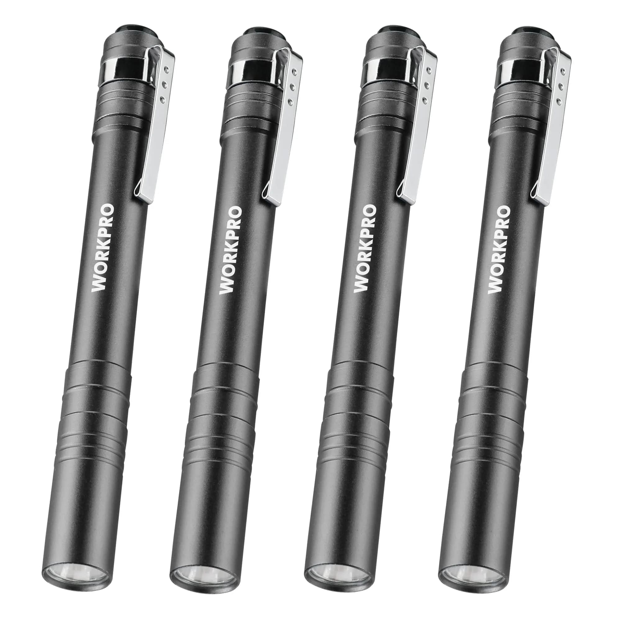 WORKPRO LED Pen Light, Aluminum Pen Flashlight with Clip, 4-Pack (30g/1.05 oz each) | Bright Inspection Light for Mechanics & Outdoor Use — Gray