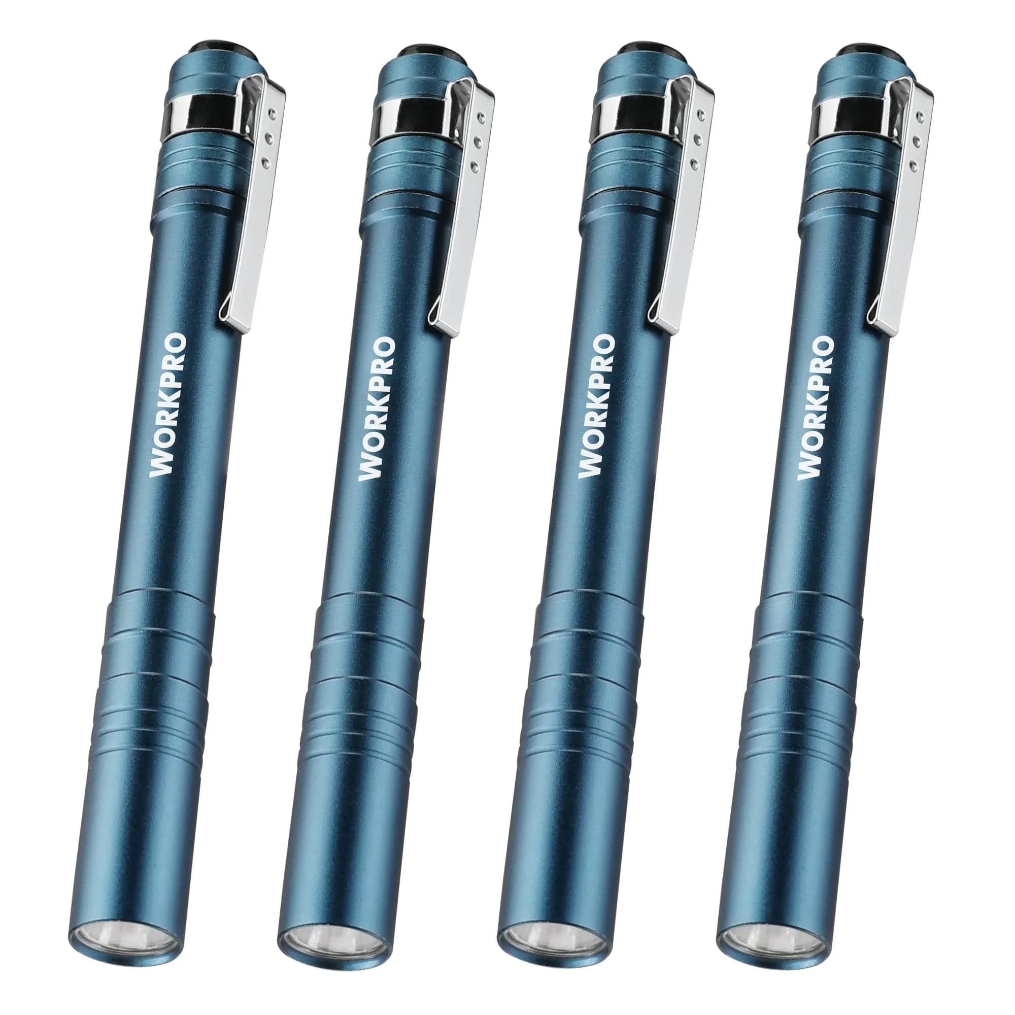 WORKPRO LED Pen Light, Aluminum Pen Flashlight with Clip, 4-Pack Blue | 1.05 oz (30g) Each, 2AAA Batteries Included — Blue
