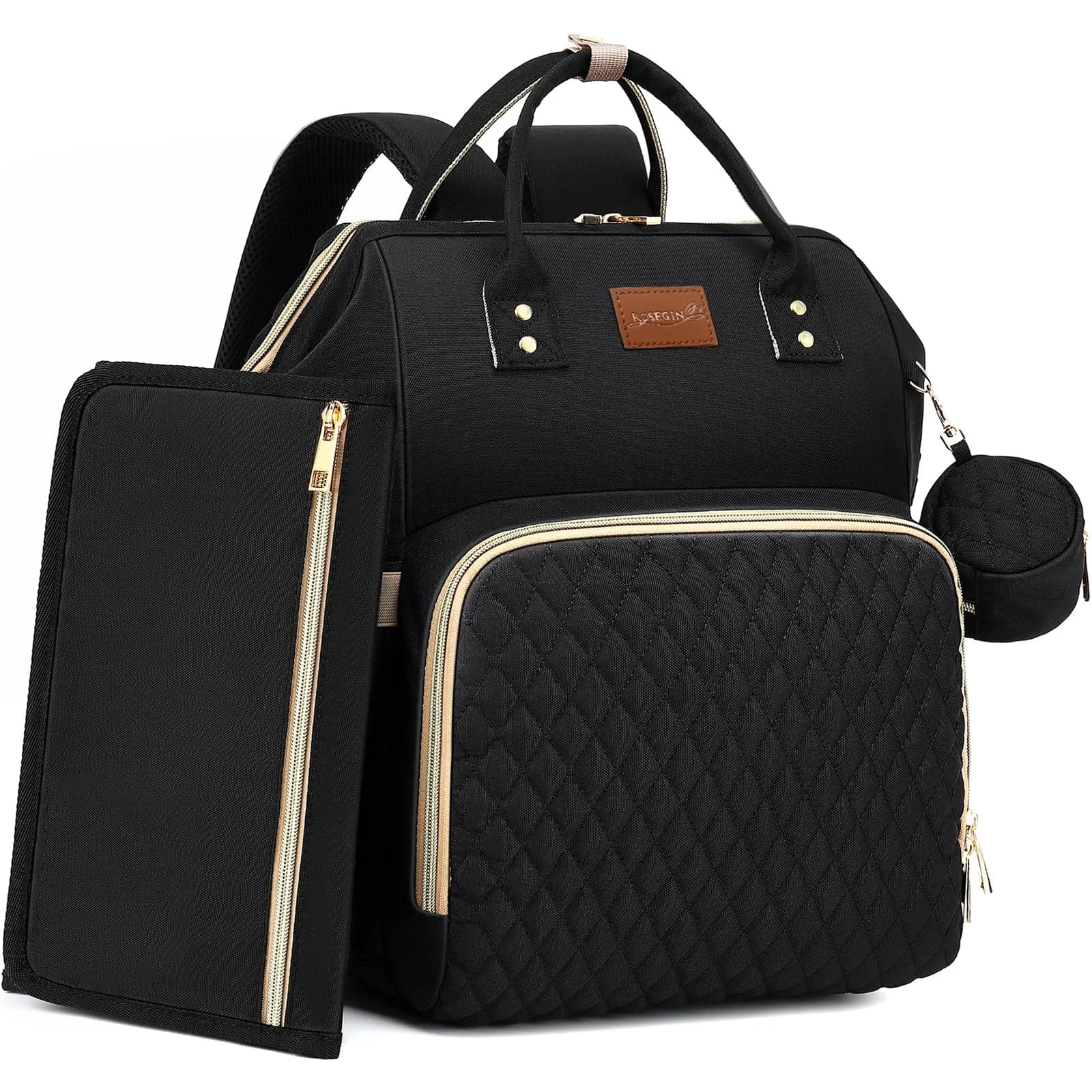 ROSEGIN Diaper Bag Backpack with Changing Pad & Pacifier Case, Large 35L Waterproof Travel Quilted Baby Bag for Mom & Dad - Black