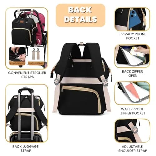 ROSEGIN Diaper Bag Backpack with Changing Pad & Pacifier Case, Large 35L Waterproof Travel Quilted Baby Bag for Mom & Dad - Black thumbnail 4