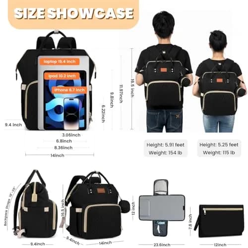 ROSEGIN Diaper Bag Backpack with Changing Pad & Pacifier Case, Large 35L Waterproof Travel Quilted Baby Bag for Mom & Dad - Black thumbnail 6