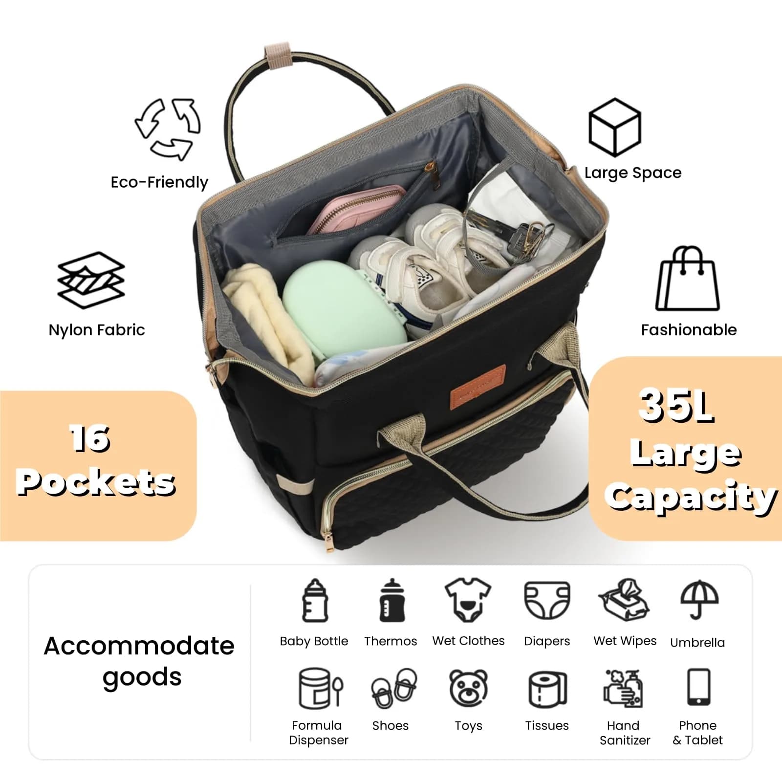 ROSEGIN Diaper Bag Backpack with Changing Pad & Pacifier Case, Large 35L Waterproof Travel Quilted Baby Bag for Mom & Dad - Black - view 2