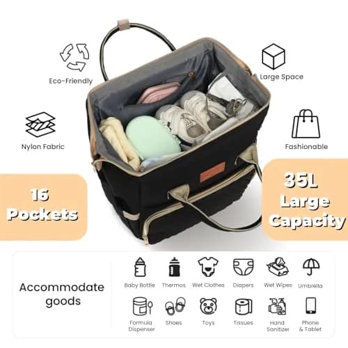 ROSEGIN Diaper Bag Backpack with Changing Pad & Pacifier Case, Large 35L Waterproof Travel Quilted Baby Bag for Mom & Dad - Black thumbnail 2