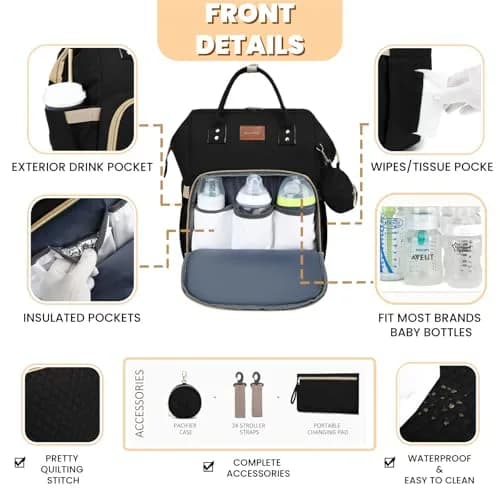 ROSEGIN Diaper Bag Backpack with Changing Pad & Pacifier Case, Large 35L Waterproof Travel Quilted Baby Bag for Mom & Dad - Black thumbnail 3