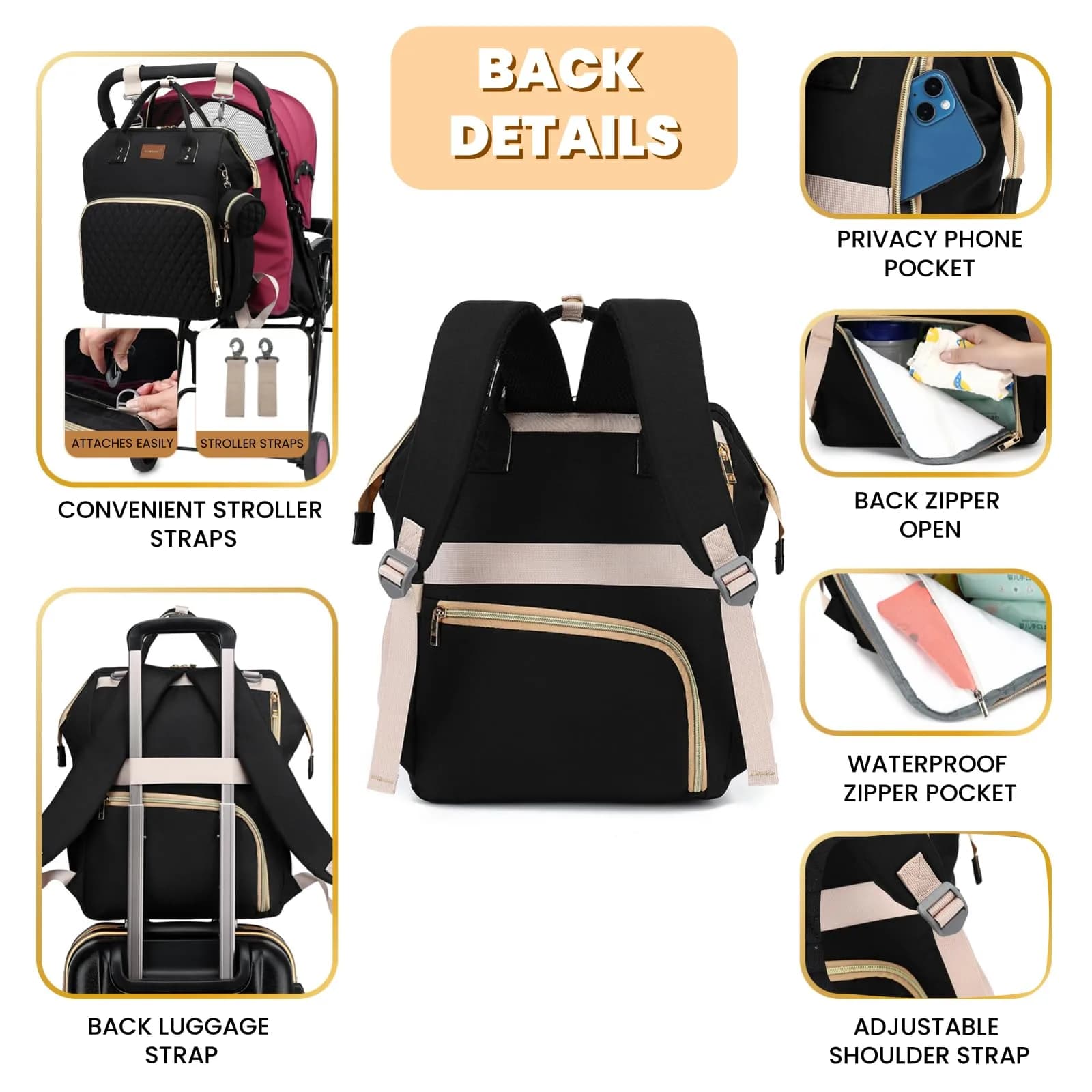 ROSEGIN Diaper Bag Backpack with Changing Pad & Pacifier Case, Large 35L Waterproof Travel Quilted Baby Bag for Mom & Dad - Black - view 4
