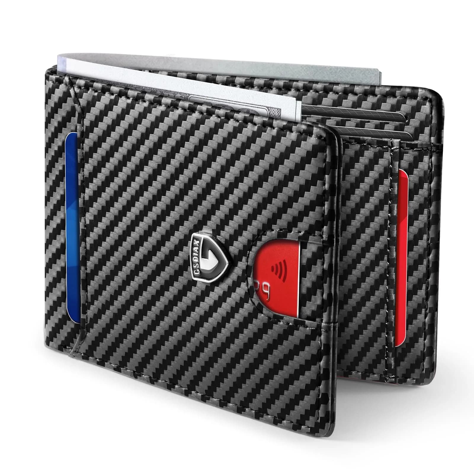 GSOIAX Slim Wallet for Men RFID Blocking Bifold Carbon Fiber Front Pocket Wallet with 11 Card Slots | Minimalist Mens Wallet — Carbon Black