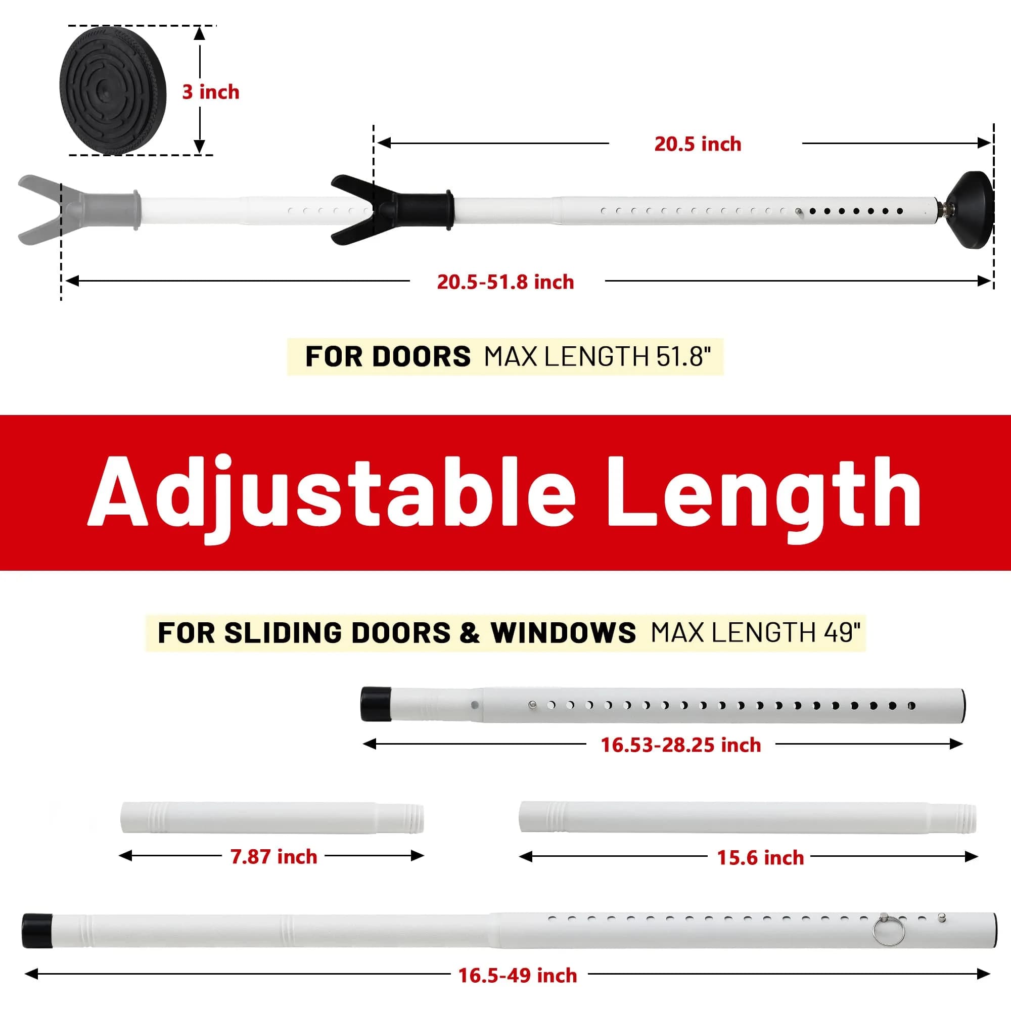 Keplrend Security Bar Door Stopper 2 Pack, Adjustable 29-51 inch, White | Heavy Duty Metal for Sliding Doors - view 4