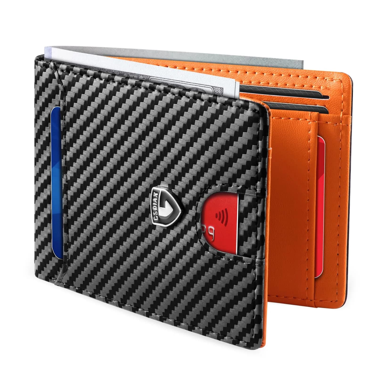 GSOIAX Slim Wallet for Men RFID Blocking Bifold Wallet Carbon Fiber Front Pocket Wallet with 11 Card Holder Minimalist Mens Wallet with Gift Box (Carbon Orange) | Ultra-Slim & RFID Protected — Carbon Orange