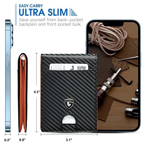GSOIAX Slim Wallet for Men RFID Blocking Bifold Wallet Carbon Fiber Front Pocket Wallet with 11 Card Holder Minimalist Mens Wallet with Gift Box (Carbon Orange) | Ultra-Slim & RFID Protected thumbnail 2